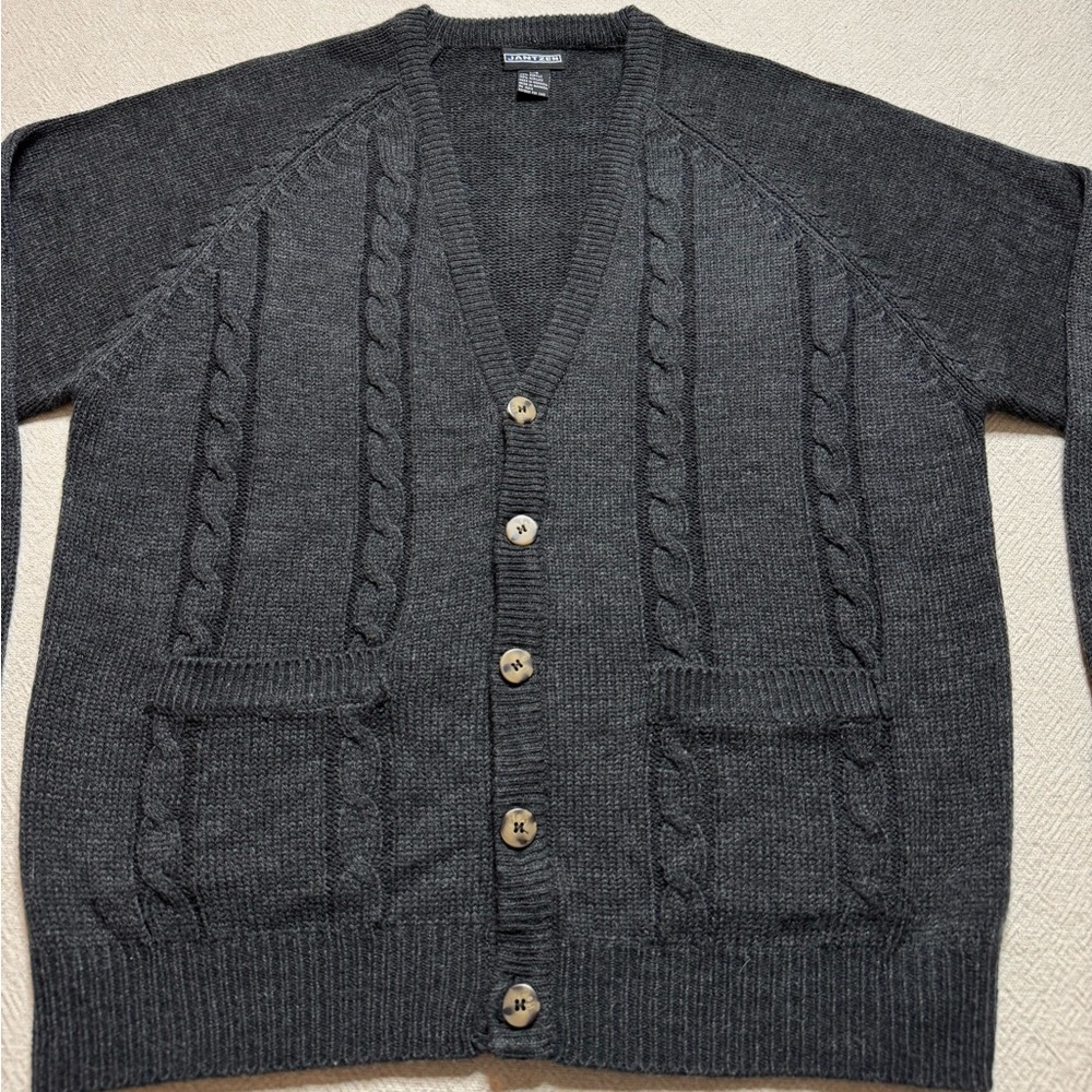 VTG 90s Jantzen Men’s Grey Cable Knit Vneck Cardigan Sweater L - Picture 5 of 7